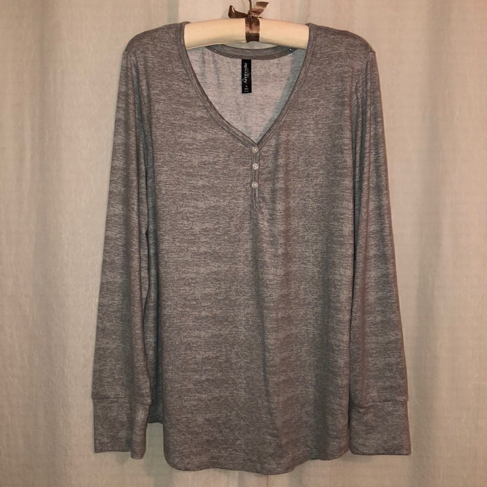 Ambrielle XL for JCP Gray Silver Three Button V Neck Knit Henley Sleep PJ Top